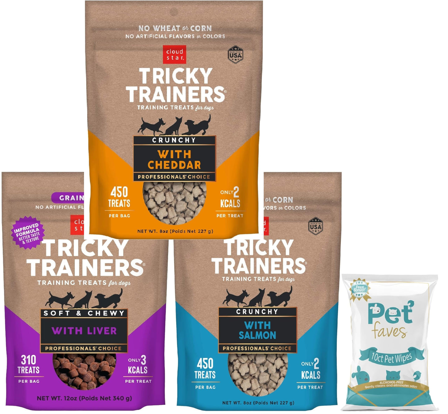 (3 Pack) Cloud Star Tricky Trainers Crunchy Low Calorie Training Dog Treat 14 oz Cheddar Liver and Salmon with 10ct Pet Wipes