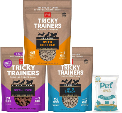 (3 Pack) Cloud Star Tricky Trainers Crunchy Low Calorie Training Dog Treat 14 oz Cheddar Liver and Salmon with 10ct Pet Wipes