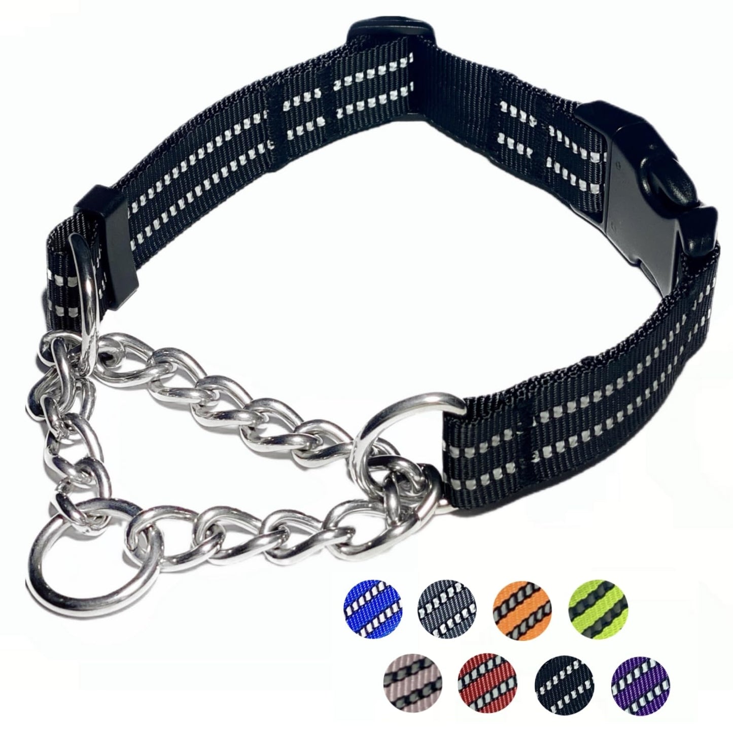 Martingale Dog Collars Reflective Nylon Collar with Stainless Steel Chain Adjustable Walking Training Dog Collars with Quick Release Buckle Suitable for Small Medium Large Dogs(BlackM)