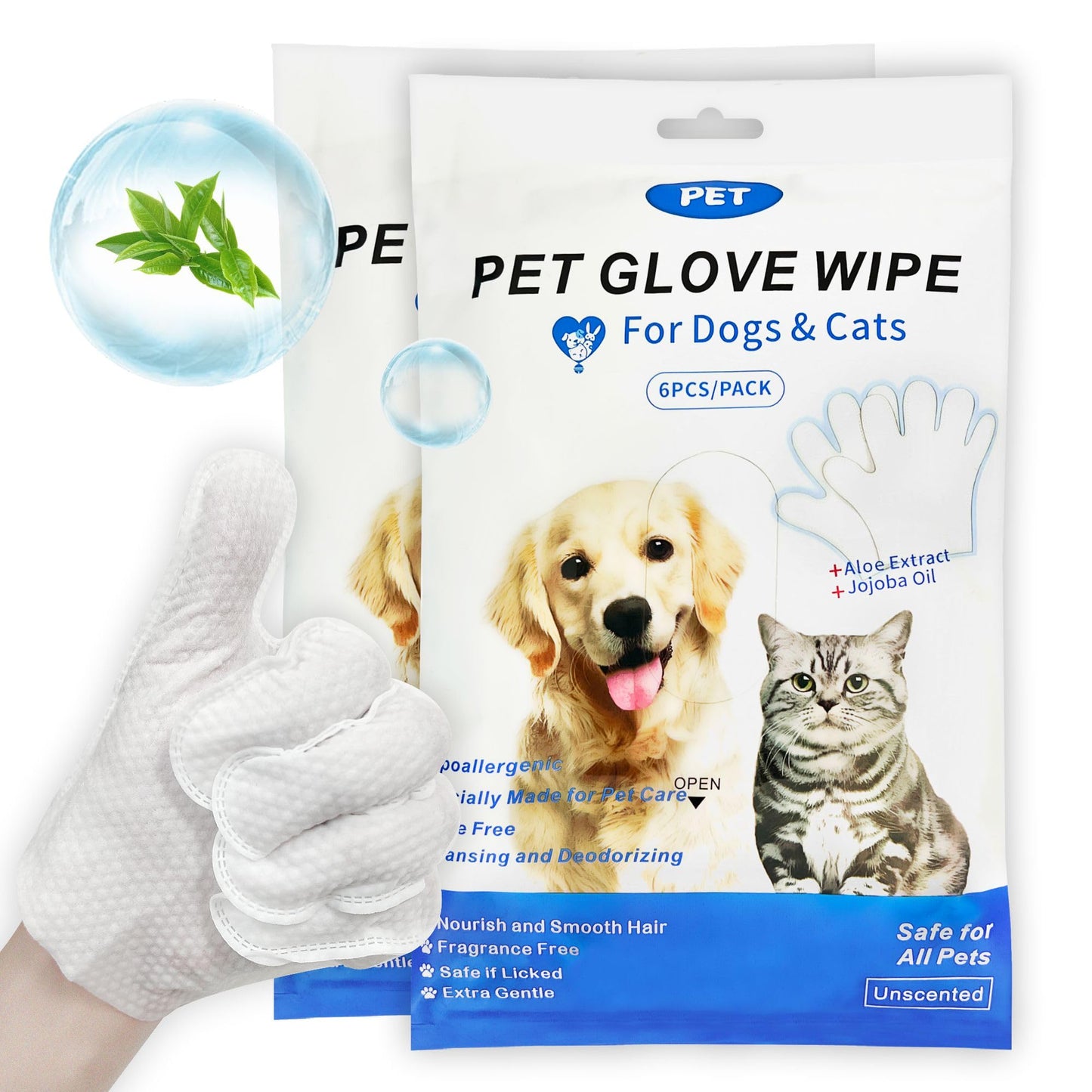 YUVEXAHOO Dog Wipes Cleaning deodorizing Extra Thick Dog Wipes Dog Washing Gloves for Daily pet Care and Travel 6 PCS (Blue Packing Extra-Thick)